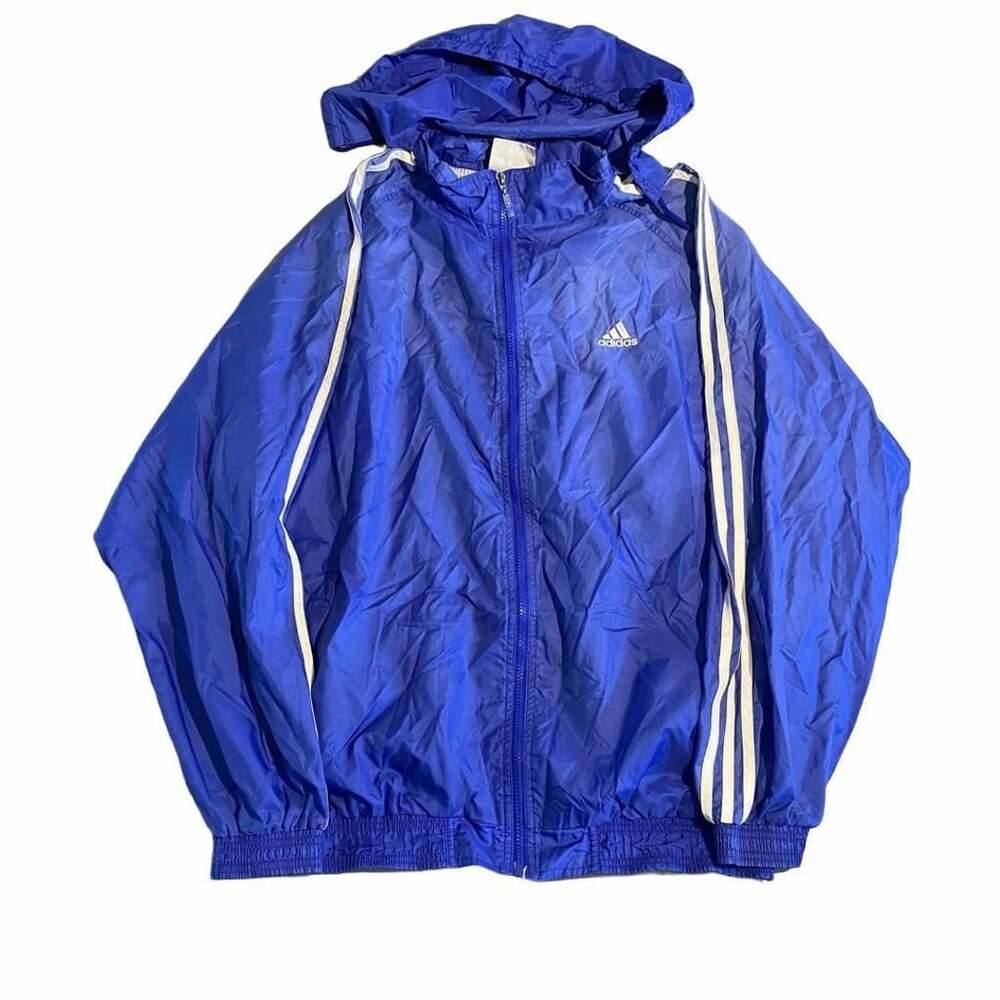 Adidas Windbreaker Jacket Size Xl Blue White Hooded Full Zip Vintage